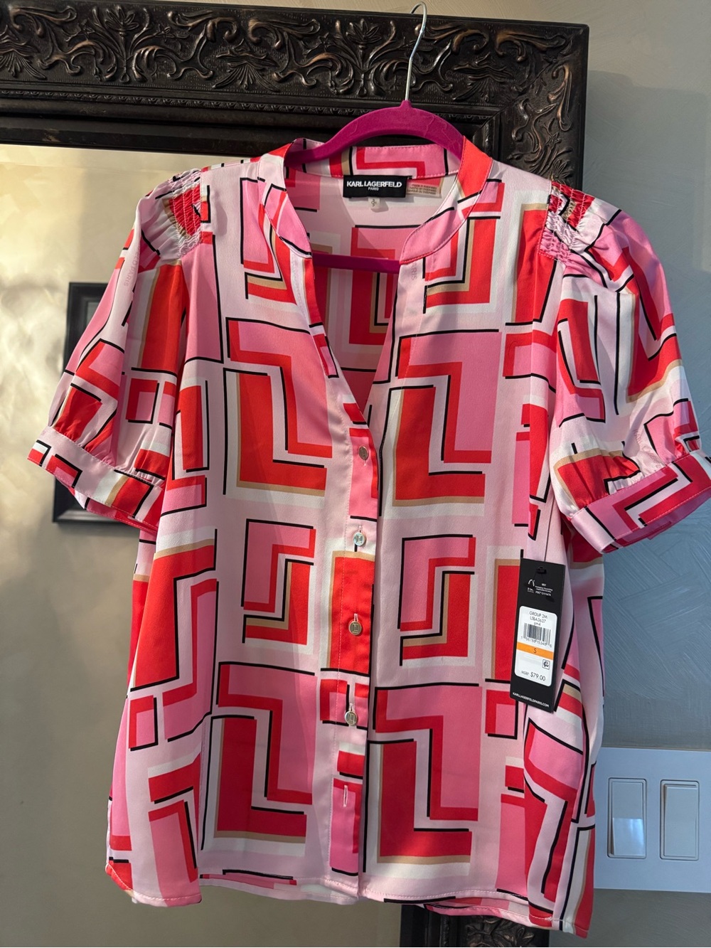 Karl Lagerfeld Pink Red Geometric Short-Sleeve Blouse